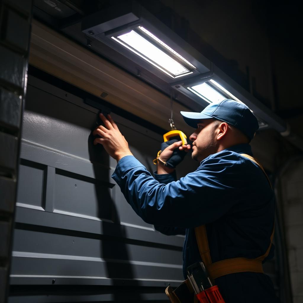 Emergency garage door repair technician working at night