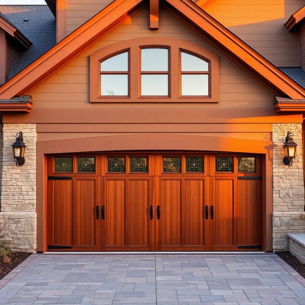 Craftsman style wooden garage door with decorative windows installed on elegant home