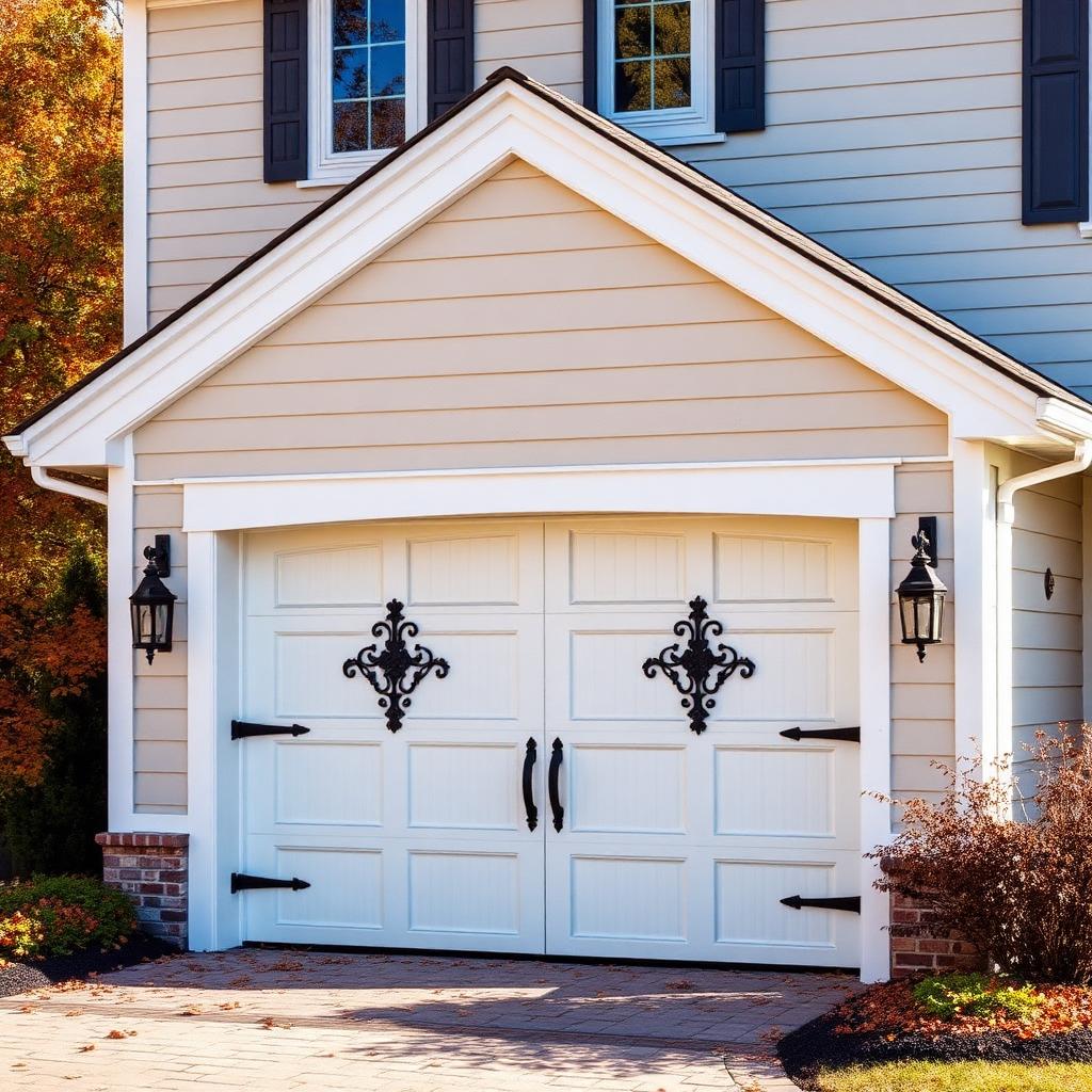 Carriage house style garage door with decorative iron hinges on traditional home