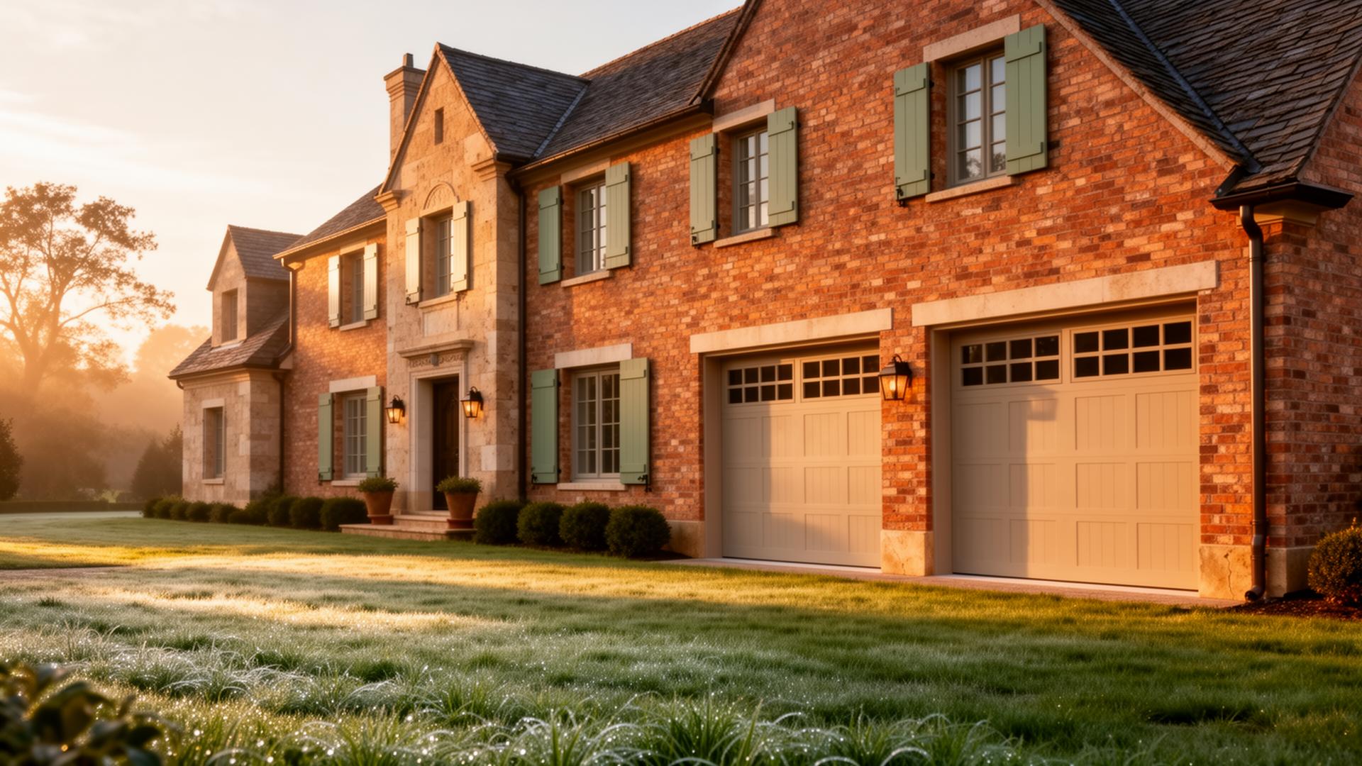 Beautiful French country estate home with craftsman style garage doors in Stone Creek, Ohio
