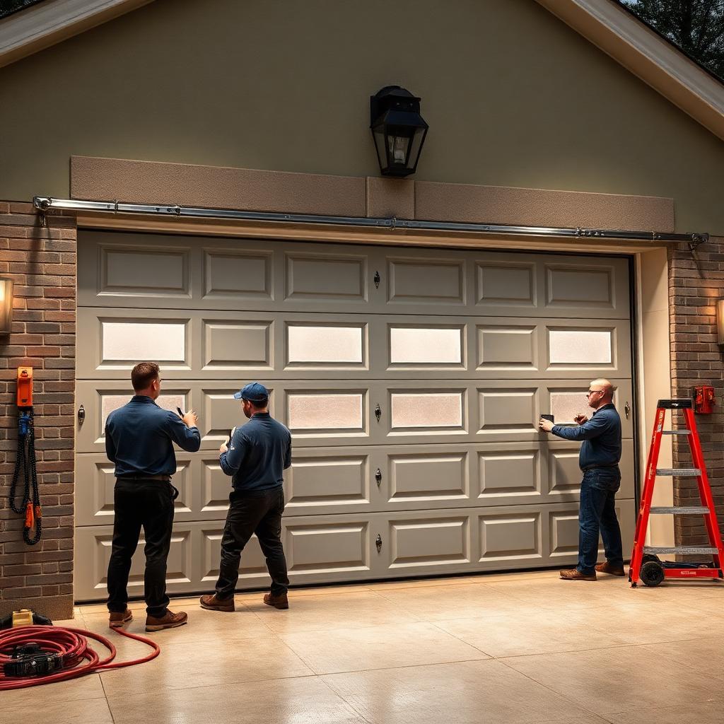 Professional garage door installation team working on a new garage door
