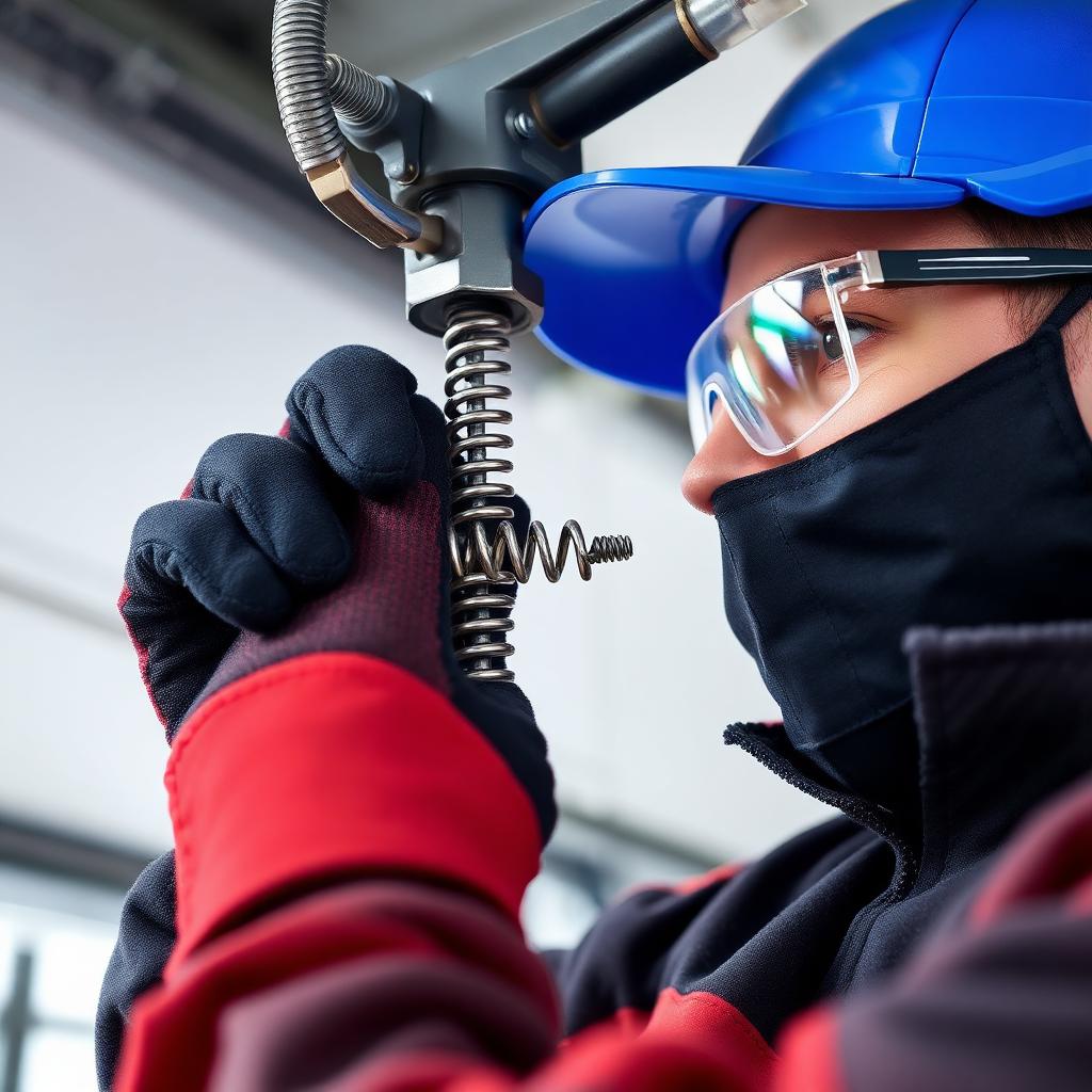 Technician repairing garage door spring mechanism